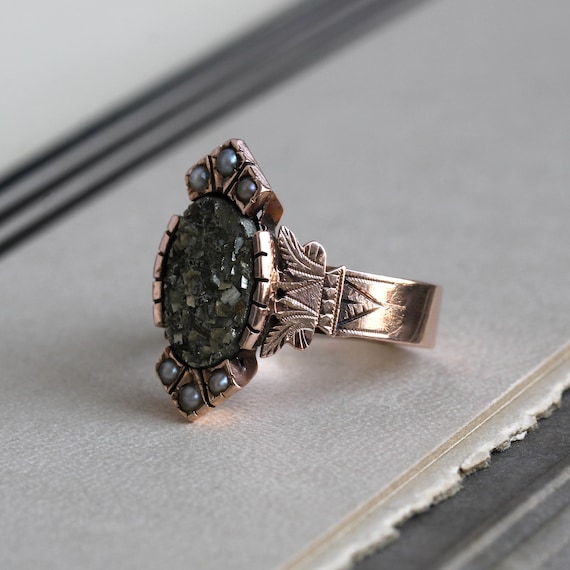 Victorian 14k Pyrite & Pearl Ring - image 6