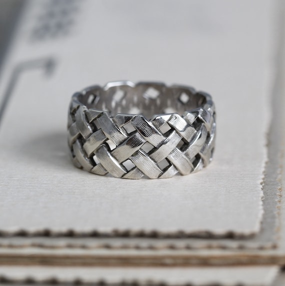 Wide 14k Basket Weave Wedding Band, Vintage White Gol… Gem