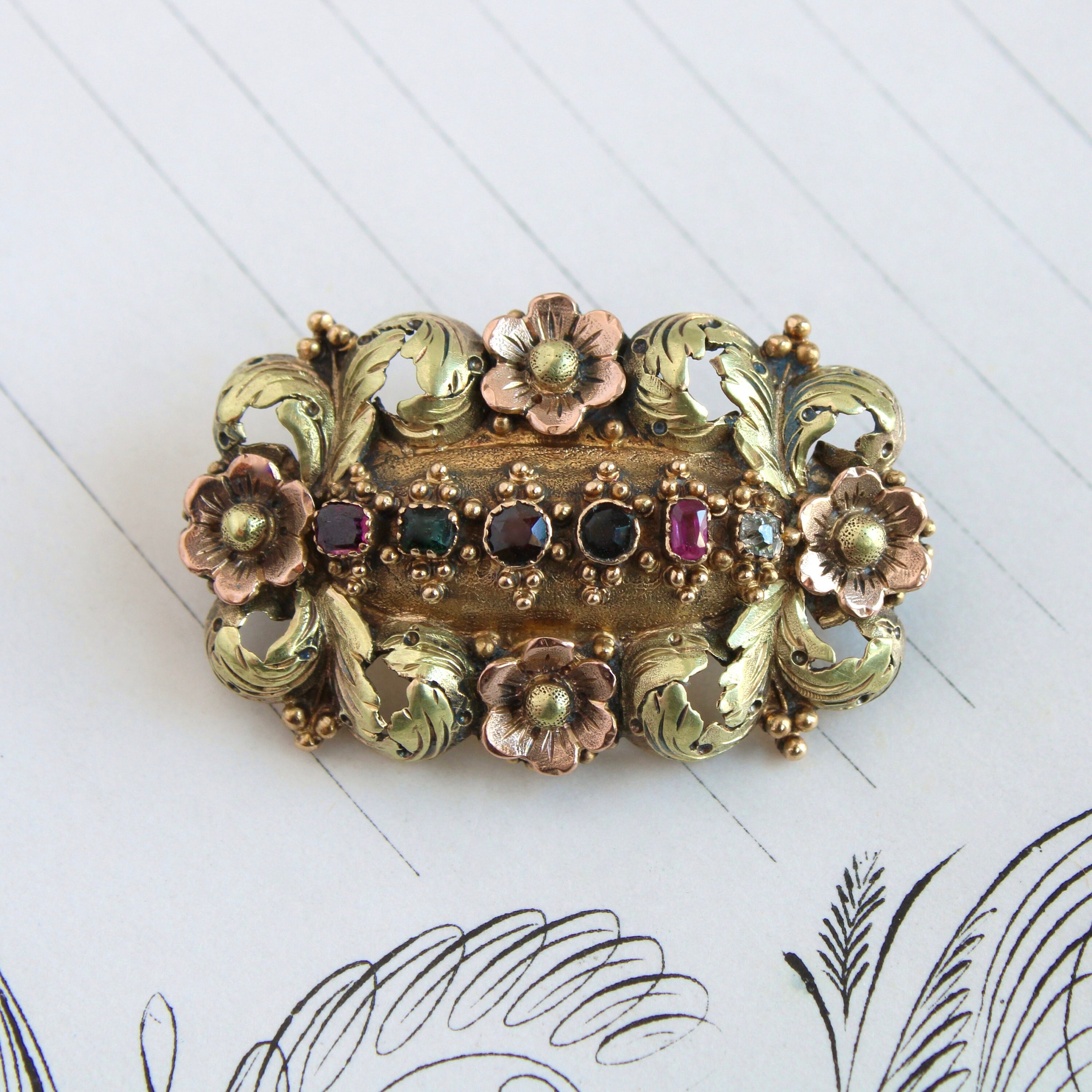 Georgian Acrostic REGARD Brooch, 14k Multi Gemstone Love Token Pin 