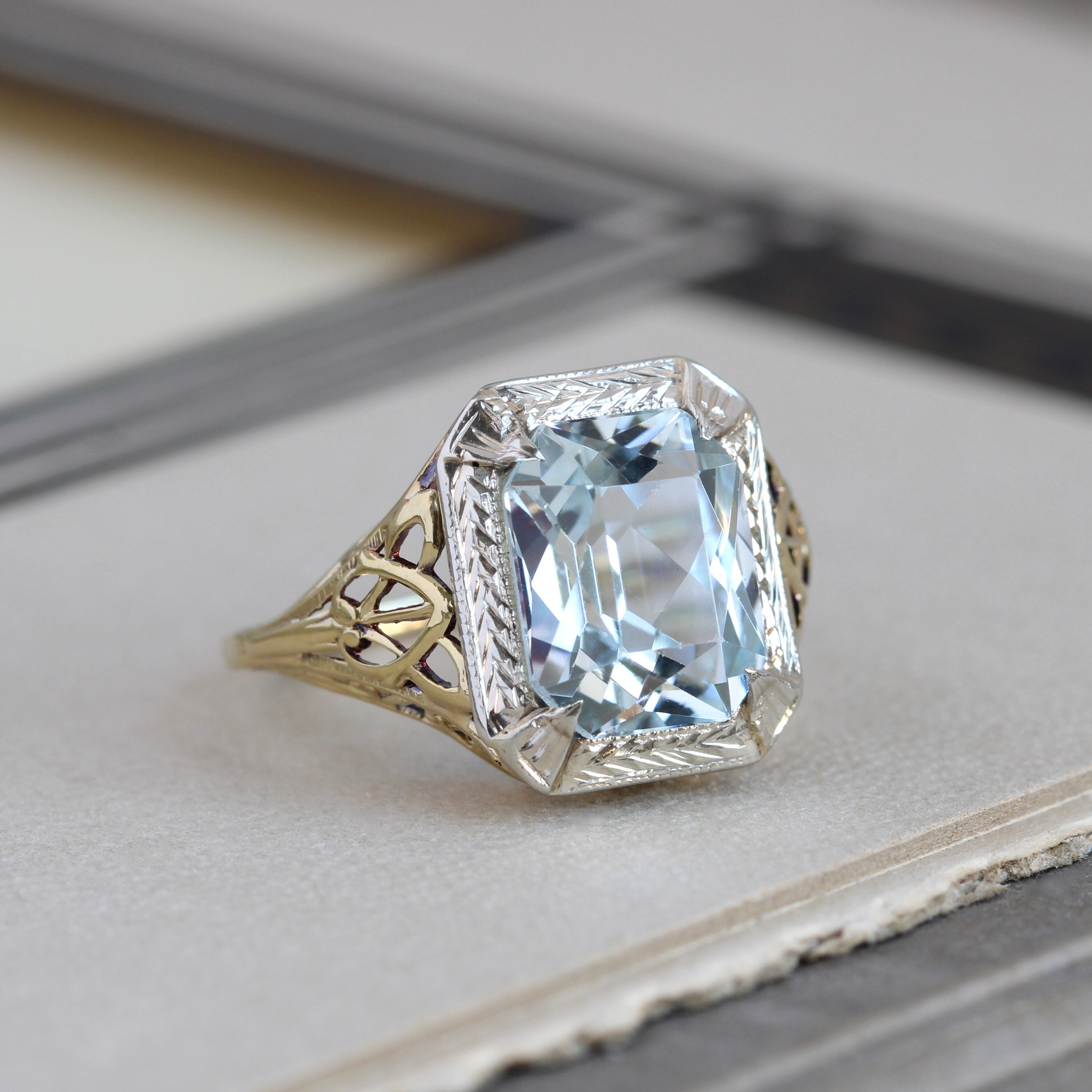 Art Deco Aquamarine Ring Two Tone 14k Gold Filigree Etsy
