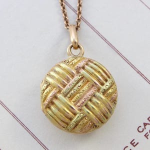 Antique 14k Locket Necklace, Victorian Rose & Yellow Gold Basketweave Design