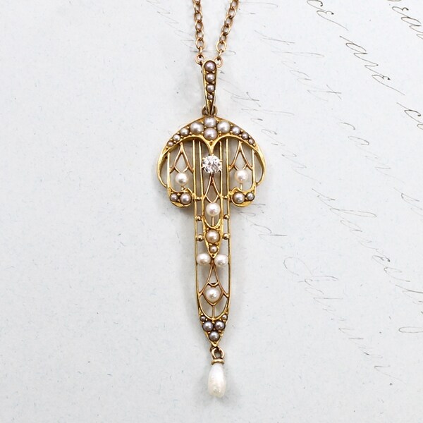 Edwardian Lavaliere Pendant, Antique 14k Yellow Gold Filigree Diamond & Pearl, Romantic Bride Bridal Necklace Jewelry, Anniversary Gift