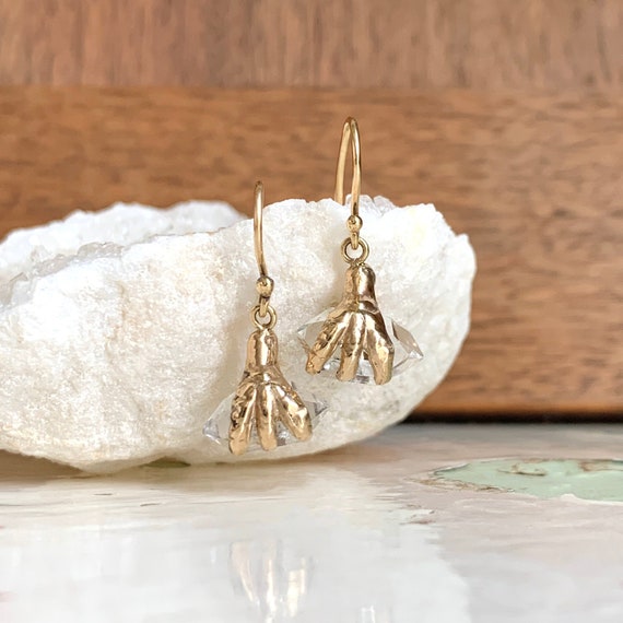 Handmade 10k Herkimer Diamond Claw Talon Drop Earrings