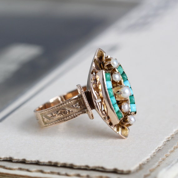 Victorian Pavé Turquoise & Pearl Ring, Antique 14… - image 2