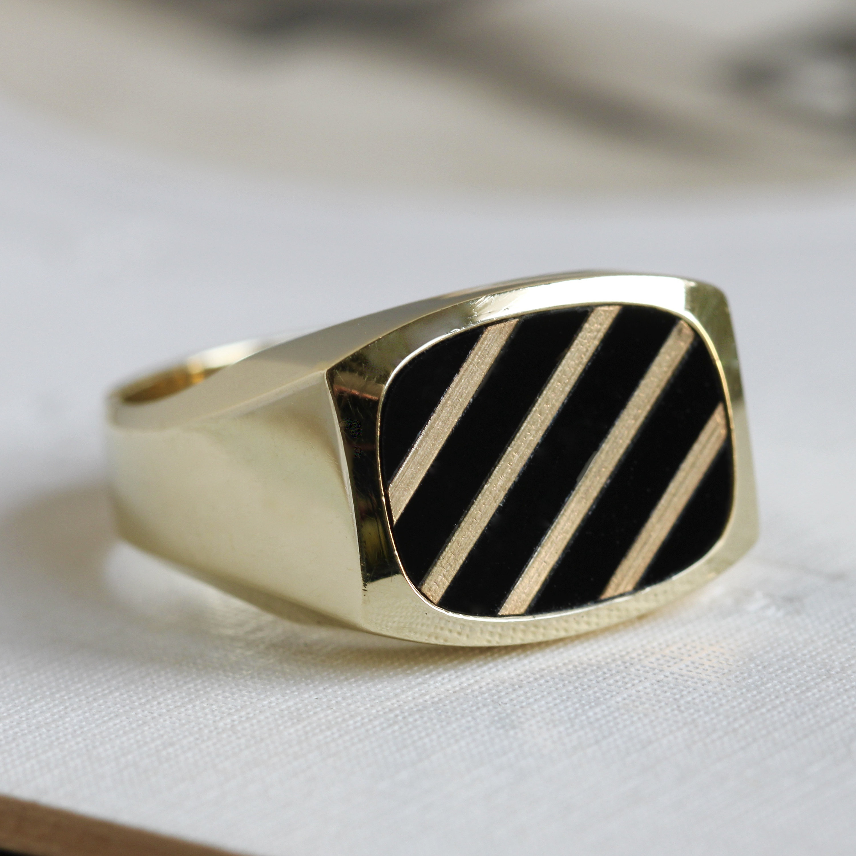Vintage Black Onyx and Gold Striped Signet Ring, Circa 1980s Vintage Black Onyx and Gold Striped Signet Ring, Circa 1980s