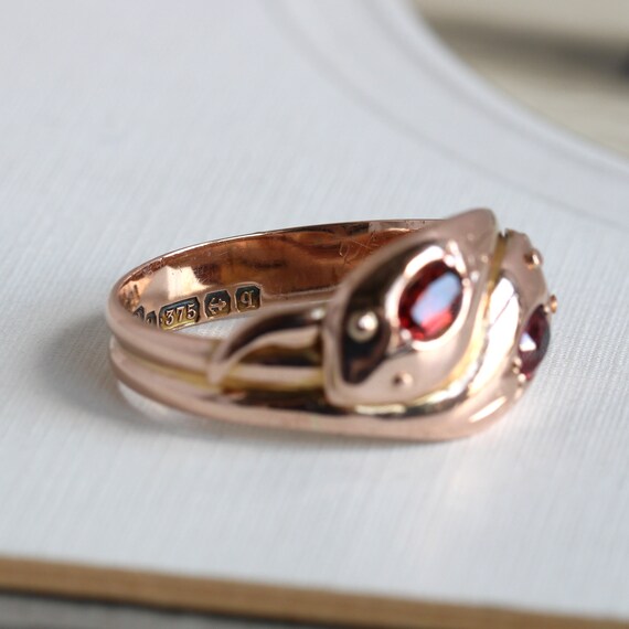 Antique 9K Rose Gold & Garnet Snake Ring, dated 1… - image 4