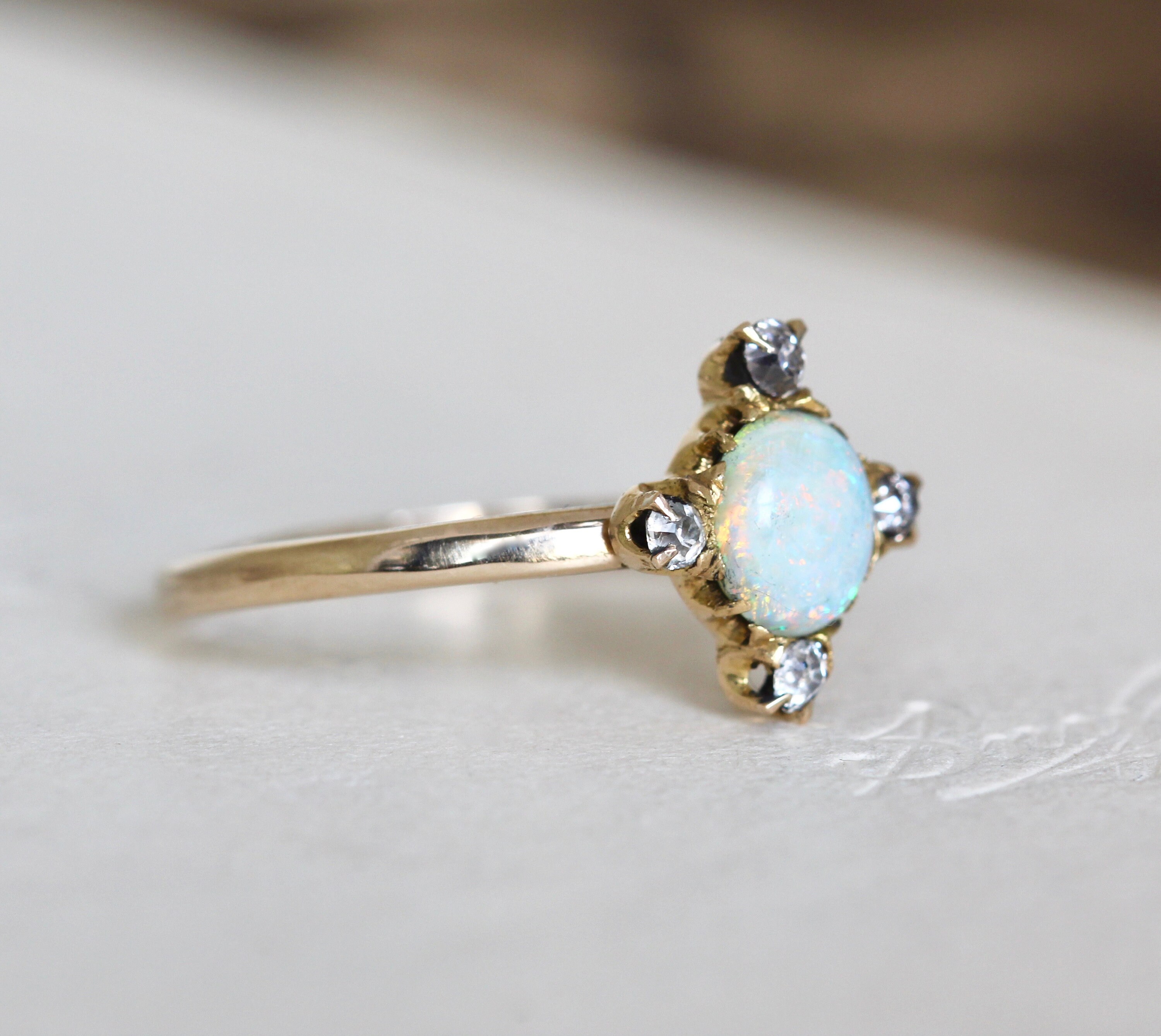Antique Opal & Diamond Ring 14k Yellow Gold Mine Cut Diamond | Etsy