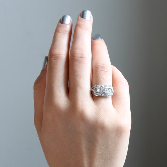 Antique Platinum Filigree Diamond Ring, Three Sto… - image 9