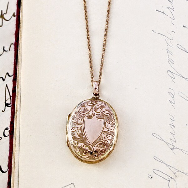 Antique 9k Rose Gold Locket Necklace, Original 9k Chain, Personalized Gift Engravable with Initial, Bridal Gift Jewelry, Letter Dated 1907