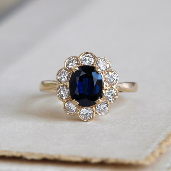 Yellow Gold Lab Created Sapphire Three Stone Moissanite Ring with 6x8mm Blue  Oval Lab Sapphire