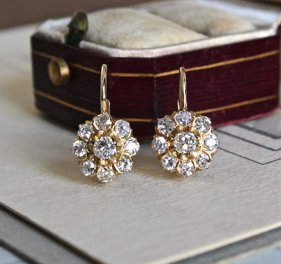 Antique Diamond Cluster Earrings 14k Old Mine Cut Halo Flower