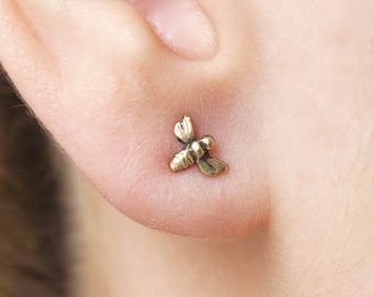 Dainty 14k Gold Bee Stud Earrings, Bumble Honey Bee Studs