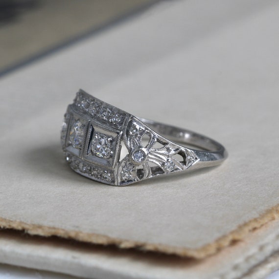 Antique Platinum Filigree Diamond Ring, Three Sto… - image 7