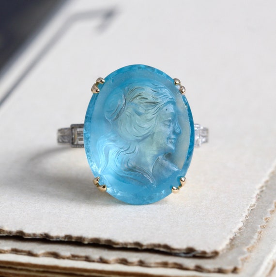 Antique Art Deco Blue Topaz Cameo Ring, 14k & Diam