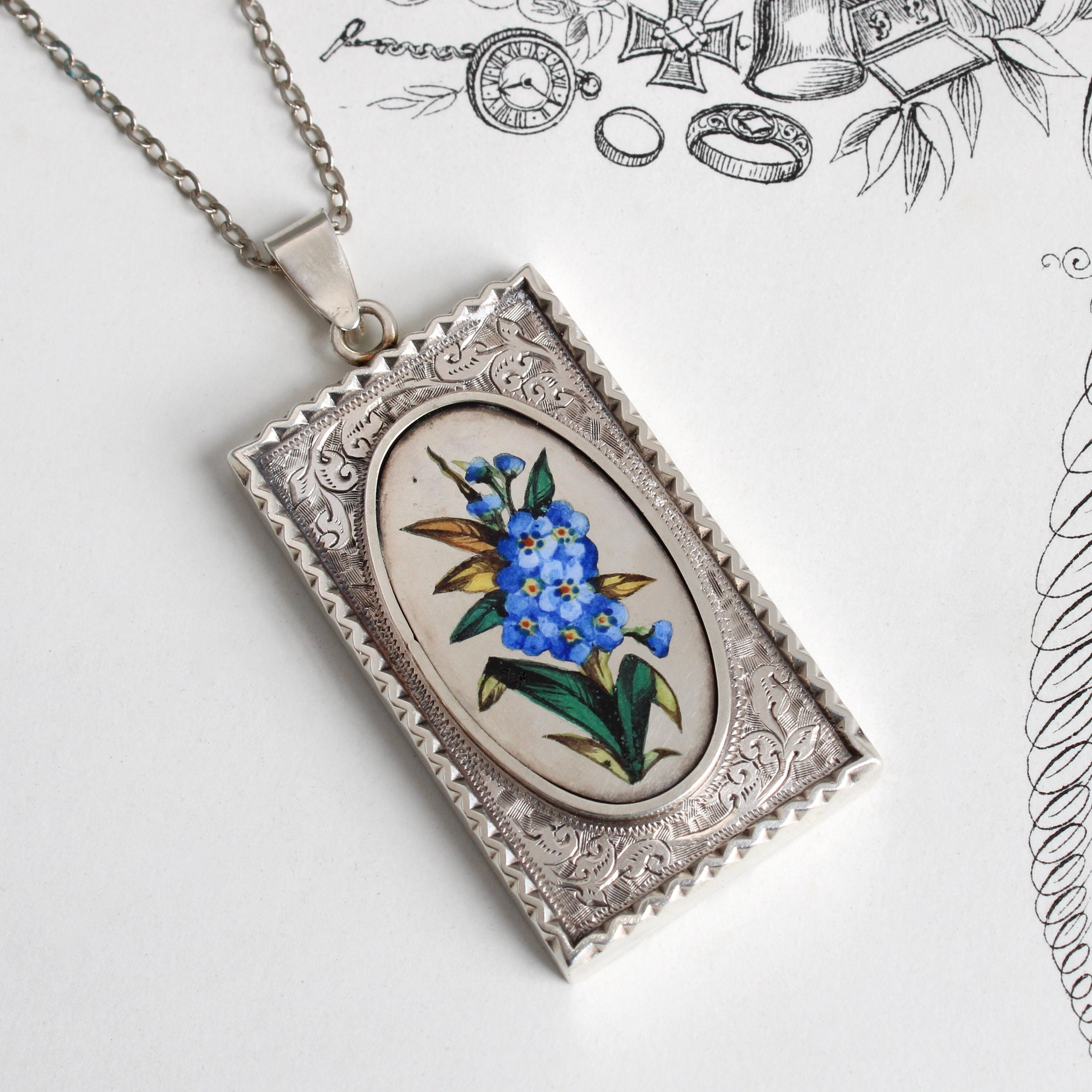 Victorian Sterling Silver & Enamel Locket, Forget Me Not Flowers 