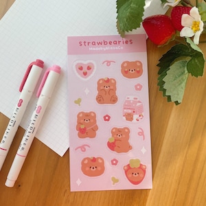 Erdbeerbär Stickerbogen, kawaii Stickerbogen, süße Sticker, süße Sticker, Bär Sticker, Bär Sticker, Bär Stationär, Pastell Stationary, Bujo