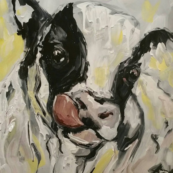 Large Original Acrylic Painting 16 x 16 x 3, For The Love of Cows, cow, betsy, cow sticking tongue out, black and white, gentle giant, farm