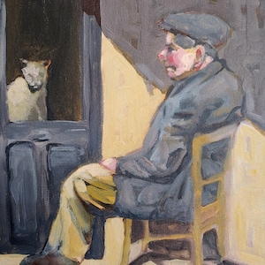 Original Acrylic Painting: Man With Cat, Textured Vibrant Art (12x12)