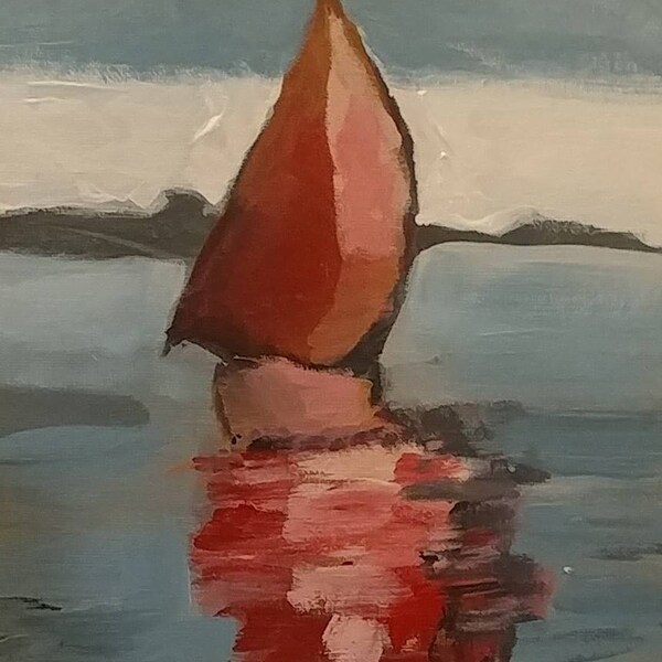 Original Acrylic Painting 8 x 10, Sailing at Dusk, sail boat, red sails, beach , ocean, impressionist, dusk, abstract, reflections, sail