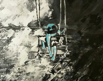 Pintura original em acrílico, Memórias da Juventude, Menina monocromática no balanço, Arte abstrata texturizada 16x16x2