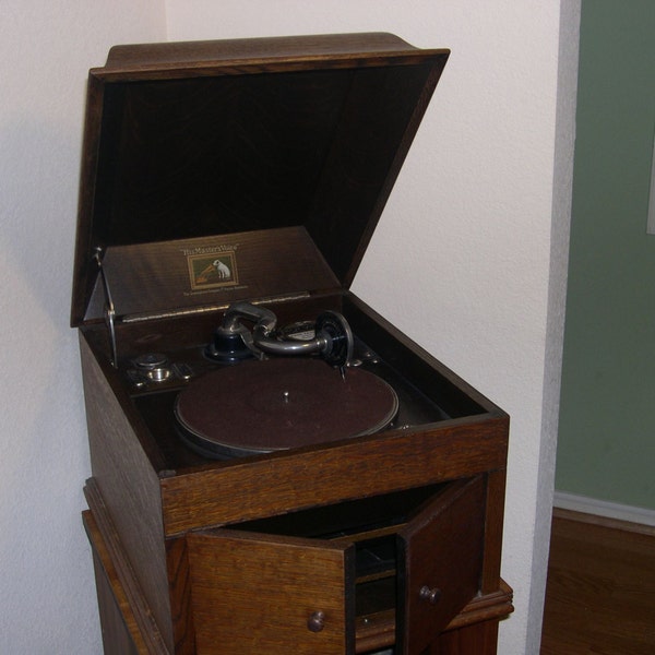 RESERVED Vintage Gramophone Record Player, His Master's Voice Victrola, 1920s British Table Model, Oak Cabinet w/ Dozens of Antique Records