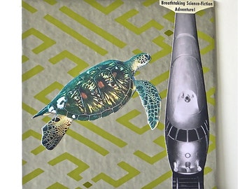 Original Pulp Art Collage, Titled "3:10 to Exuma," Mixed Media, Retro Sci Fi Fantasy, Sea Turtle Book Artwork with Bullet Train on Matrix