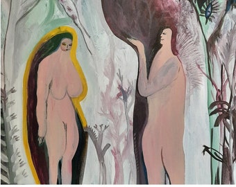Adam and Eva painting, Naive art, Folk art, Original art, Acrylic painting on canvas by Taly Levi - Tal Stoobik