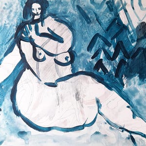 Painting on paper - Blue original bedroom painting