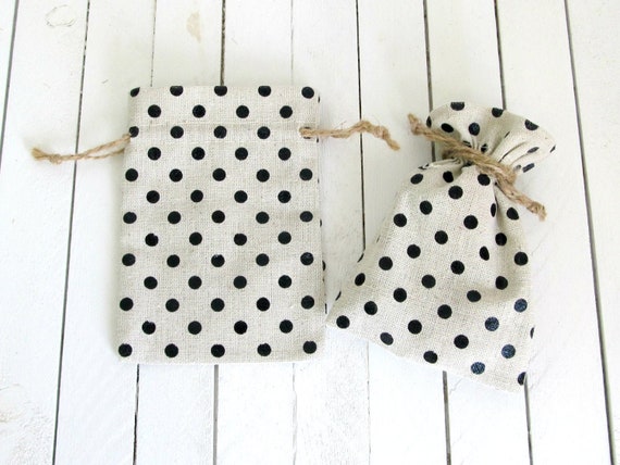 Linen Drawstring Bags with Black Polka Dots - 3 1/2 x 5 1/2 inch - Great for Jewelry Packaging, Wedding Favor Bags and Gift Bags - 12 Bags Il_570xn