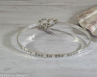 I Love You To The Moon et Back Sterling Silver Hinged Bangle