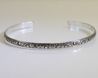 Sterling Silver Cuff Bracelet with antiqued floral pattern