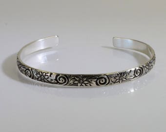 Sterling Silver Cuff Bracelet with antiqued floral pattern