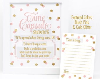 Time Capsule Sign & Cards - Blush Pink Gold Glitter First Birthday Time Capsule, Printable Baby Shower Dear Baby Cards - EDITABLE Text PDFs