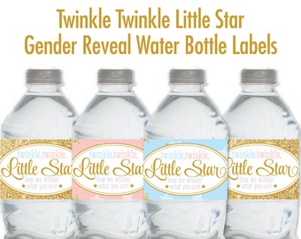 Twinkle Little Star Gender Reveal Printable Water Bottle Labels, Drink Wraps, Printable Party Decorations, Blush Pink Baby Blue Gold Glitter