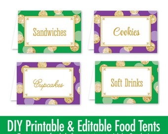 Mardi Gras Party Decorations - Printable Food Tents Editable Text Place Cards - Mardi Gras Decor, Mardi Gras Birthday Party Supplies