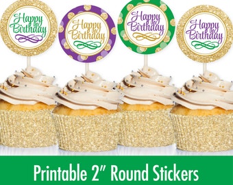 Mardi Gras Cupcake Toppers Cake Circles, Happy Birthday Stickers - Printable Mardi Gras Decorations, Mardi Gras Birthday Party Decorations