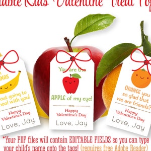 Kids Valentine's Day Fruit Tags Orange You So Glad Apple of my eye I'm Bananas Healthy School Valentine Printable Tags, Personalized image 1