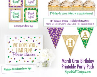 Mardi Gras Birthday Party Decorations; Printable Mardi Gras Decor Food Tents Labels Banner Stickers Favor Tags Favor Sign; Purple Green Gold