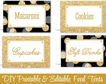 Tende per cibo per feste stampabili con glitter oro nero - Etichette per buffet modificabili pieghevoli segnaposti - Matrimonio, compleanno, baby shower, addio al nubilato