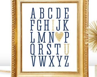 Alphabet ABC I Love You Printable Sign, Navy Blue Gold Glitter Wedding Sign, Baby Boy Nursery Wall Art Print, Valentine's Day Home Decor