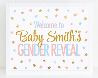 Twinkle Twinkle Little Star Gender Reveal Decorations, Welcome Sign, Printable 10x8 EDITABLE TEXT PDF - Blush Pink Baby Blue Gold Glitter