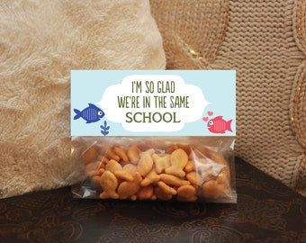 Kids Valentine's Day for School Treats, Goldfish Valentines Treat Bag Topper, Glad We're In The Same School, Printable Instant Download