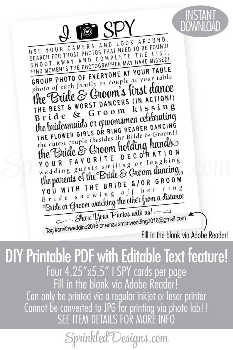 Wedding I Spy Game Printable Cards Modern Wedding Printables - Etsy