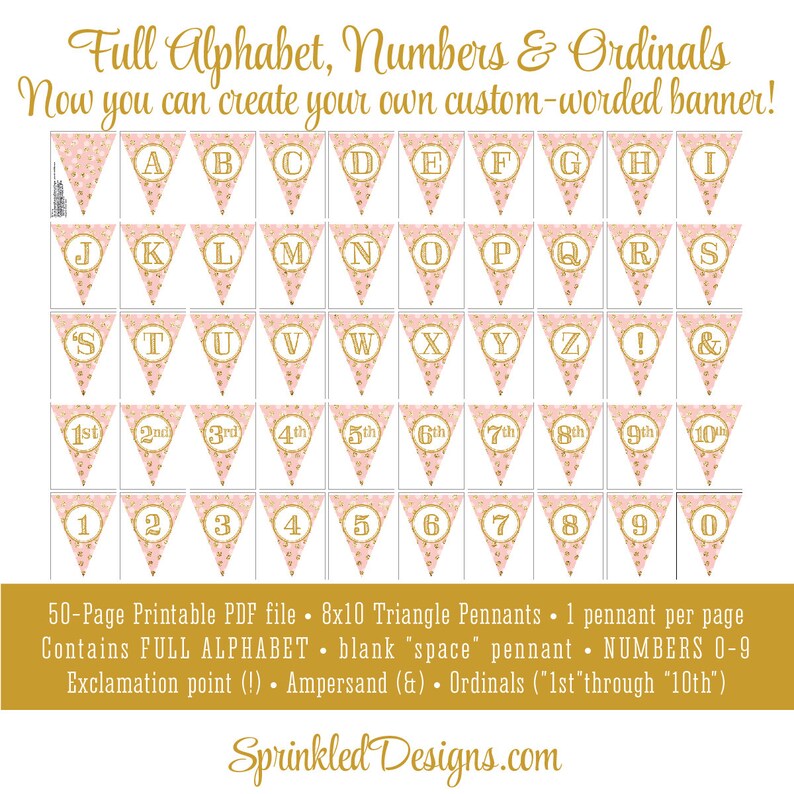 blush pink gold glitter printable full alphabet banner etsy