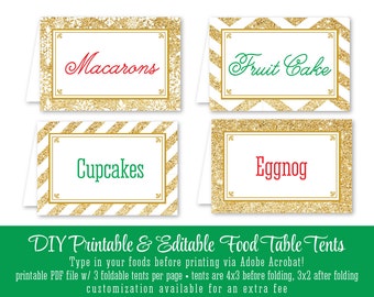 Printable Party Food Tents Folding Editable Text Buffet Place Cards - Christmas Holiday New Years Party Gold Glitter - INSTANT DOWNLOAD