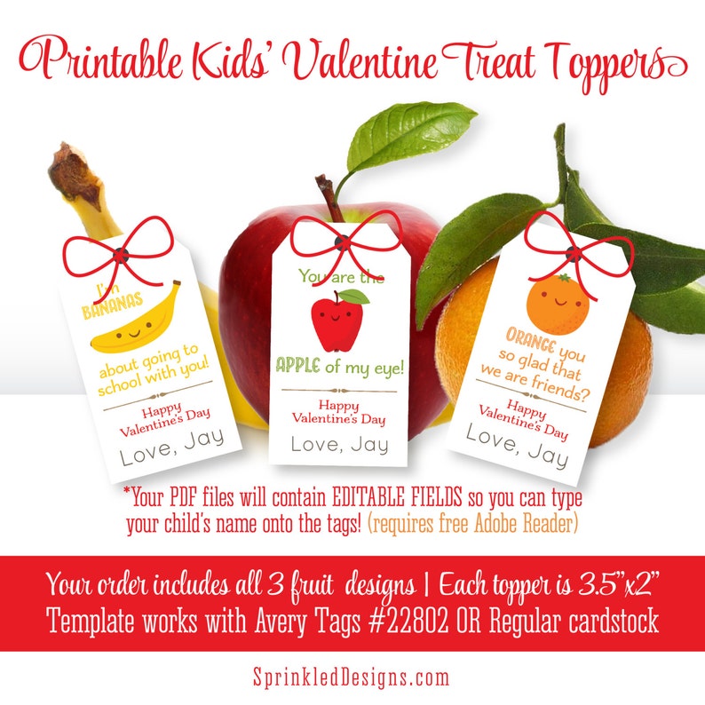 Kids Valentine's Day Fruit Tags Orange You So Glad Apple of my eye I'm Bananas Healthy School Valentine Printable Tags, Personalized image 1