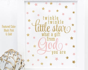 Twinkle Little Star, che regalo di Dio sei, decorazione per compleanno baby shower, arte stampabile per la cameretta dei bambini, glitter oro rosa cipria