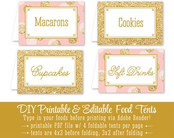 Blush Pink Gold Glitter Printable Party Food Tents - Folding Editable Text Buffet Labels - Name Escort Table Seating Place Cards - Big One