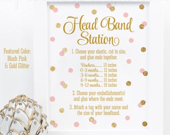 Headband Station Sign, Baby Shower Sign, Headband Making Sign, Make a Headband, Girl Birthday Party Ideas, Blush Pink Gold Glitter, 8x10