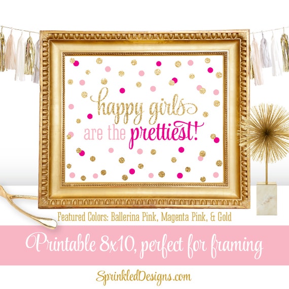 Happy Girls Are The Prettiest - Printable Little Girls Room, Nursery Decoration, Wall Art 8x10 Sign - Magenta Bright Pink Gold Glitter Il_570xn